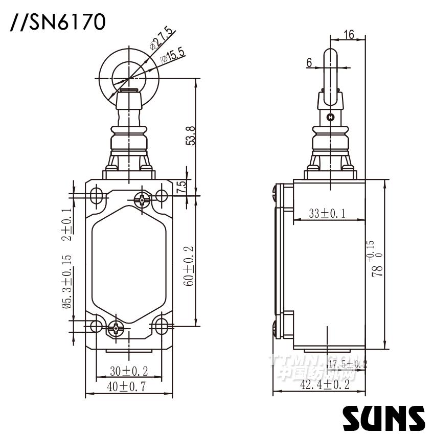 SUNS美國三實自復(fù)位拉繩開關(guān)SN6170安全拉繩開關(guān) 單向動作式拉繩開關(guān) 尺寸圖 SUNS美國三實自復(fù)位拉繩開關(guān)SN6170安全拉繩開關(guān) 單向動作式拉繩開關(guān) 尺寸圖
